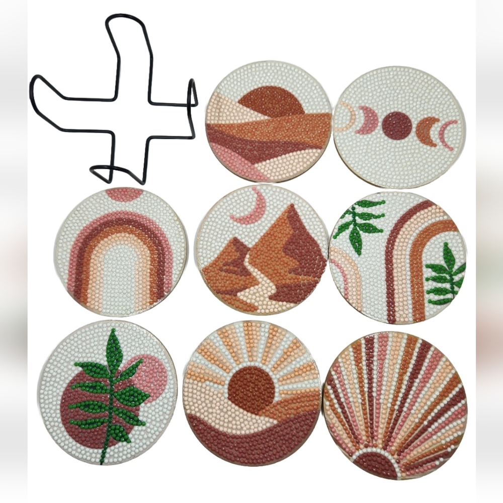 Art Deco Abstract Landscape Coasters 8 piece set w stand Waterproof Diamond Art